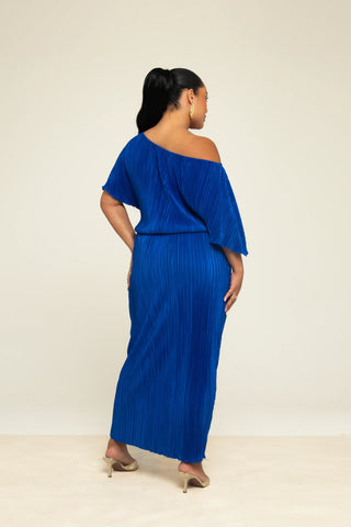 Curve Drop Shoulder Plisse Dress In Cobalt Blue