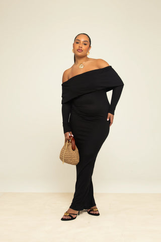 Curve Ribbed Bardot Maxi Dress in Black