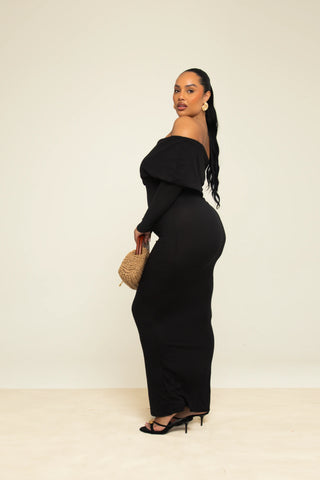 Curve Ribbed Bardot Maxi Dress in Black