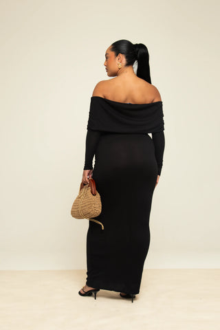 Curve Ribbed Bardot Maxi Dress in Black