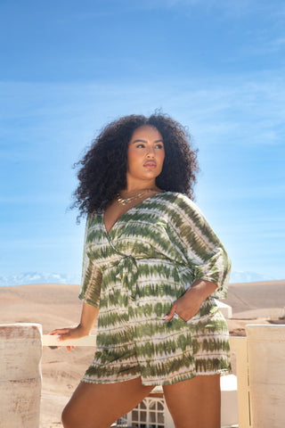 Curve Tie Dye Print Wrap Mesh Resort Playsuit