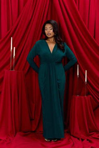 Curve Noelle Draped Front Emerald Double Layer Maxi Dress