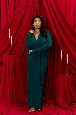 Curve Noelle Draped Front Emerald Double Layer Maxi Dress