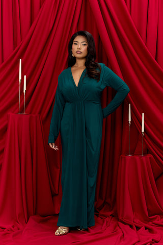 Curve Noelle Draped Front Emerald Double Layer Maxi Dress