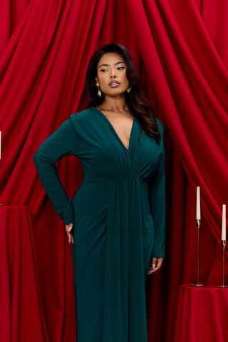 Curve Noelle Draped Front Emerald Double Layer Maxi Dress