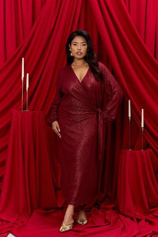 Plus Size Metallic Burgundy Wrap Front Midi Dress