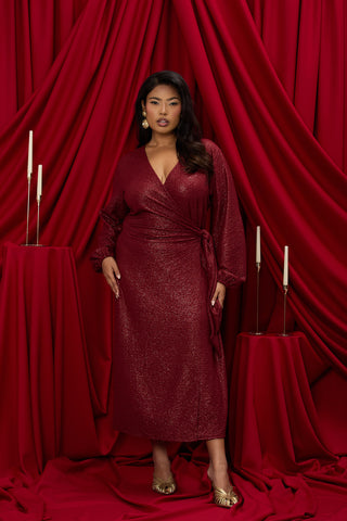 Plus Size Metallic Burgundy Wrap Front Midi Dress