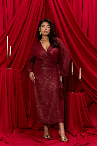 Plus Size Metallic Burgundy Wrap Front Midi Dress