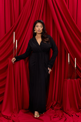Curve Noelle Draped Front Black Double Layer Maxi Dress