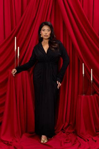 Curve Noelle Draped Front Black Double Layer Maxi Dress