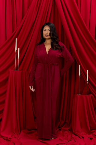 Curve Noelle Draped Front Burgundy Double Layer Maxi Dress