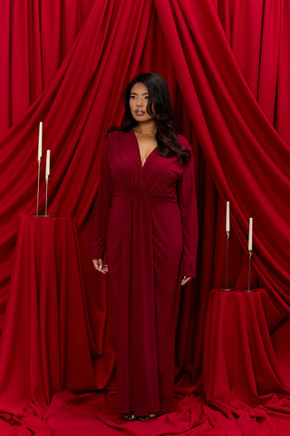 Curve Noelle Draped Front Burgundy Double Layer Maxi Dress