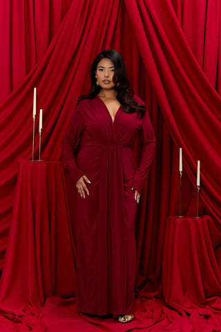Curve Noelle Draped Front Burgundy Double Layer Maxi Dress