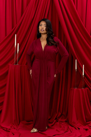 Curve Noelle Draped Front Burgundy Double Layer Maxi Dress