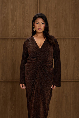 Curve Metallic Bronze Twist Front Pleated Midi Dress