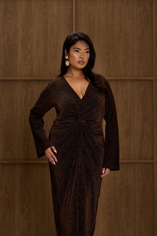 Curve Metallic Bronze Twist Front Pleated Midi Dress
