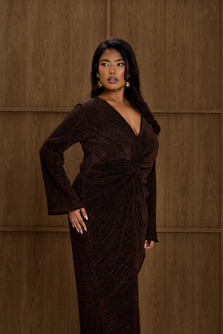 Curve Metallic Bronze Twist Front Pleated Midi Dress