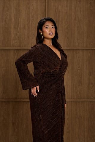 Curve Metallic Bronze Twist Front Pleated Midi Dress