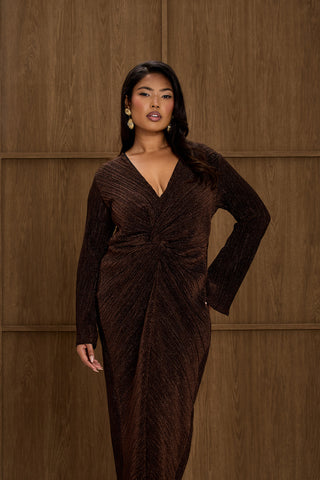Curve Metallic Bronze Twist Front Pleated Midi Dress