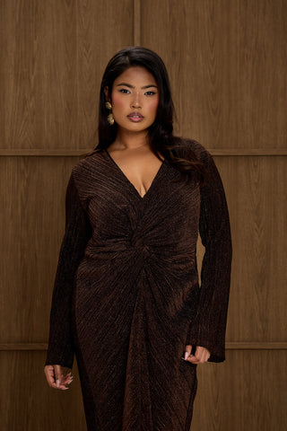 Curve Metallic Bronze Twist Front Pleated Midi Dress