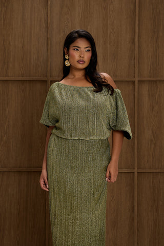 Curve Metallic Gold Drop Shoulder Pleated Midi Dress