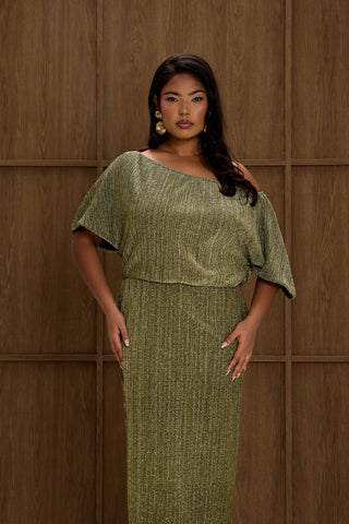 Curve Metallic Gold Drop Shoulder Pleated Midi Dress