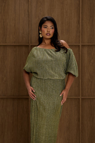 Curve Metallic Gold Drop Shoulder Pleated Midi Dress