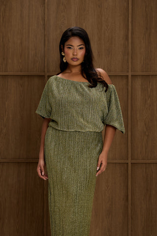 Curve Metallic Gold Drop Shoulder Pleated Midi Dress