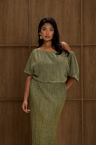 Curve Metallic Gold Drop Shoulder Pleated Midi Dress