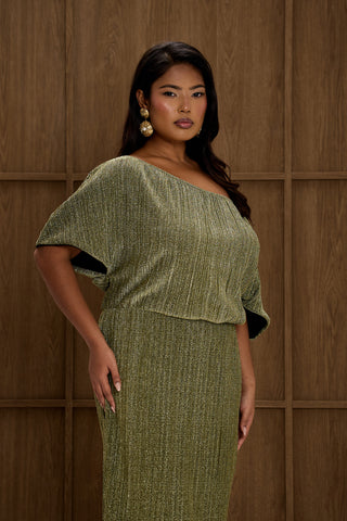 Curve Metallic Gold Drop Shoulder Pleated Midi Dress