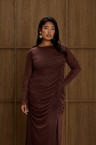 Plus Size Ruched Side Mesh Chocolate Midi Dress