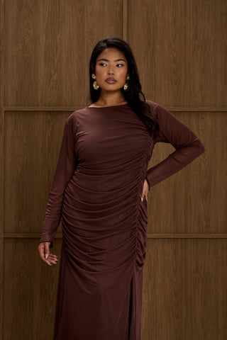 Plus Size Ruched Side Mesh Chocolate Midi Dress
