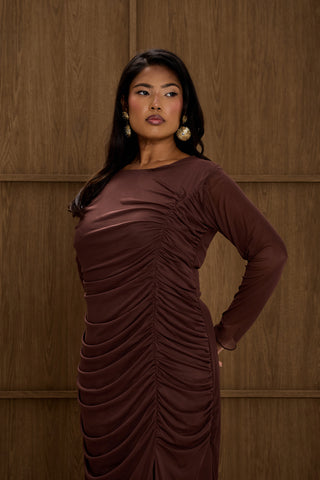 Plus Size Ruched Side Mesh Chocolate Midi Dress