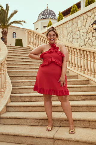 FASHION SZN X ASHLEIGH HUISH Ruffle mini dress with corsage in Red